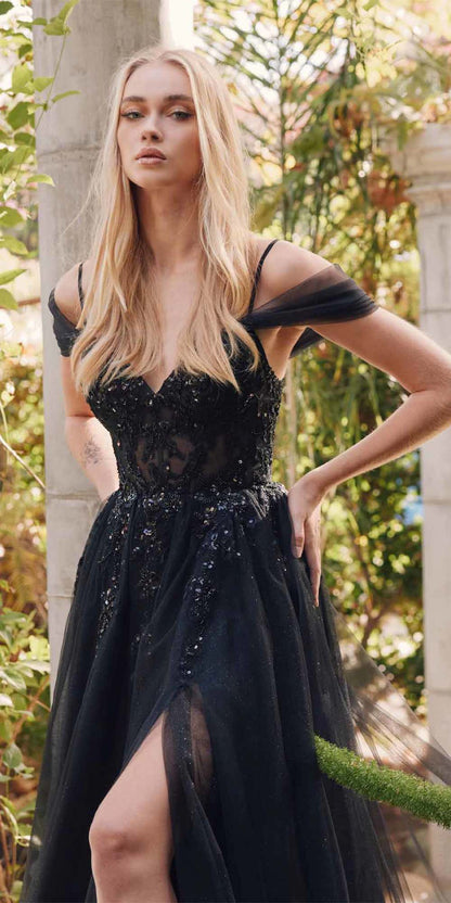 Juliet JT2466A Long Cold Shoulder Sweetheart Corset Bodice A-Line Gown by DiscountDressShop