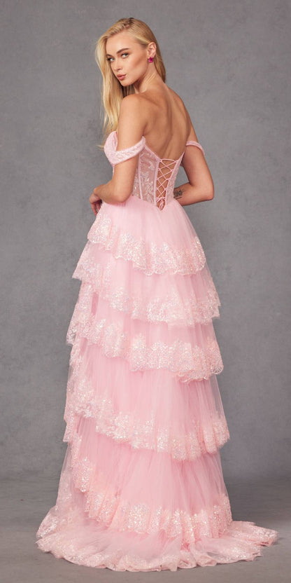 Juliet JT2467K Long Off the Shoulder Draped Sleeve A-Line Gown by DiscountDressShop