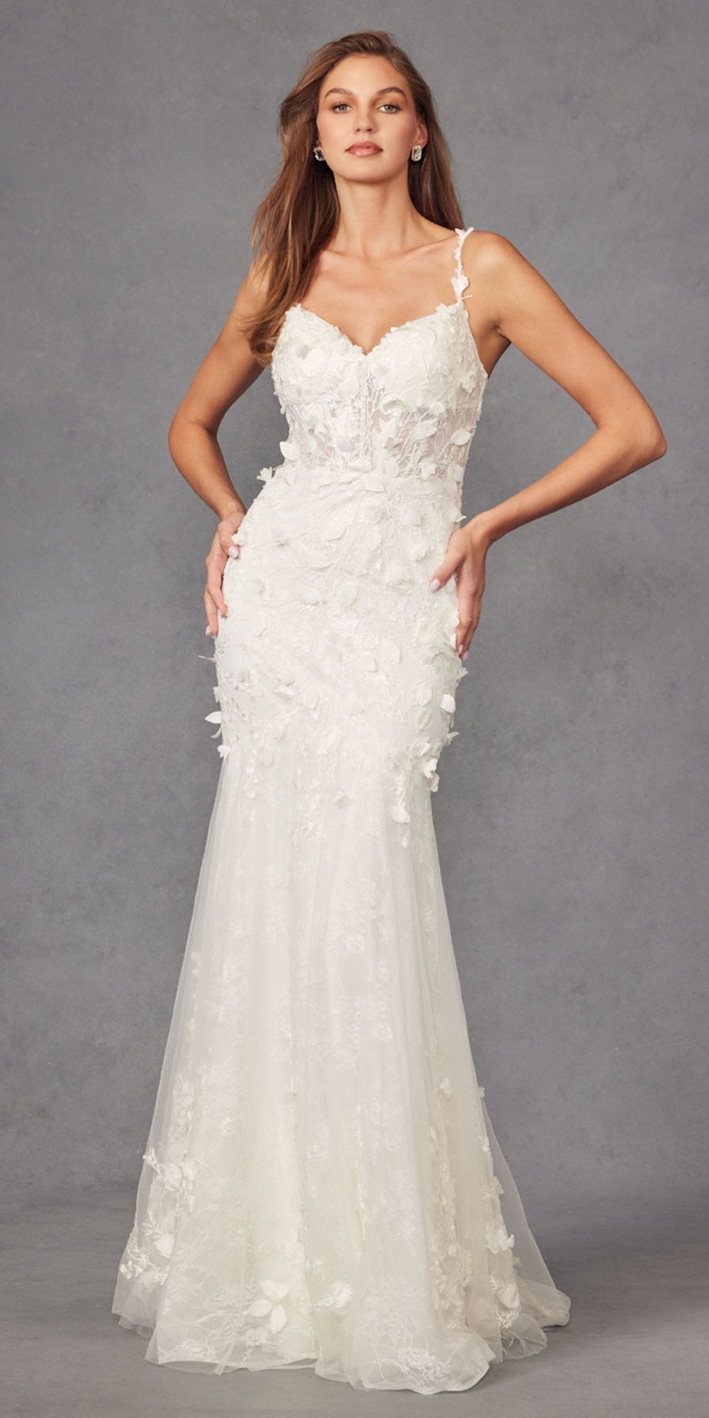 Juliet JT2475UW Long 3D Floral Applique Fitted Mermaid Gown by DiscountDressShop