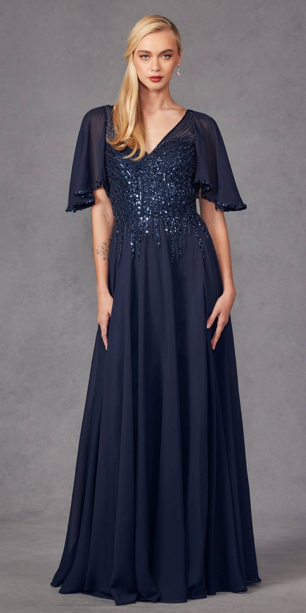Juliet JTM14F Long A-Line Flutter Mid-Length Sleeve Evening Gown by DiscountDressShop