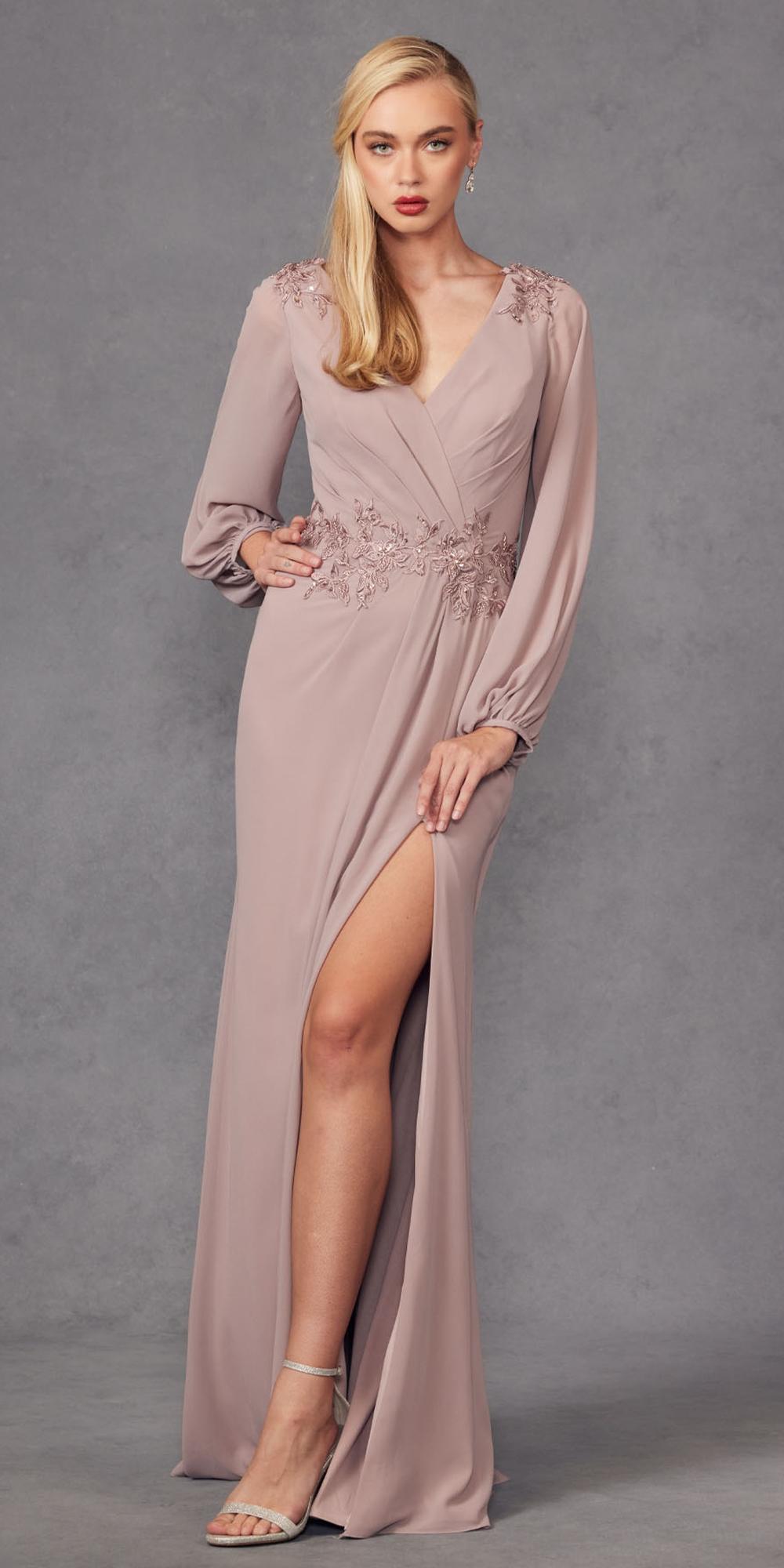 Juliet JTM16A Long Sleeve V-Neck Embroidered Applique Evening Gown by DiscountDressShop