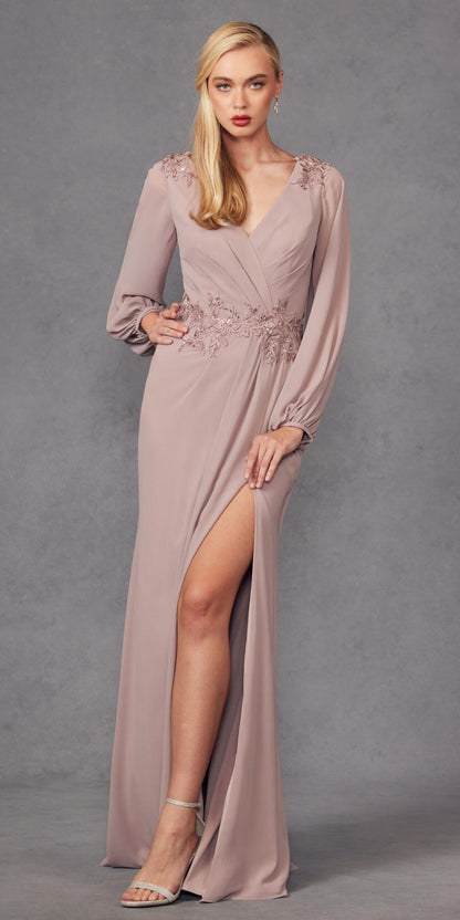 Juliet JTM16A Long Sleeve V-Neck Embroidered Applique Evening Gown by DiscountDressShop