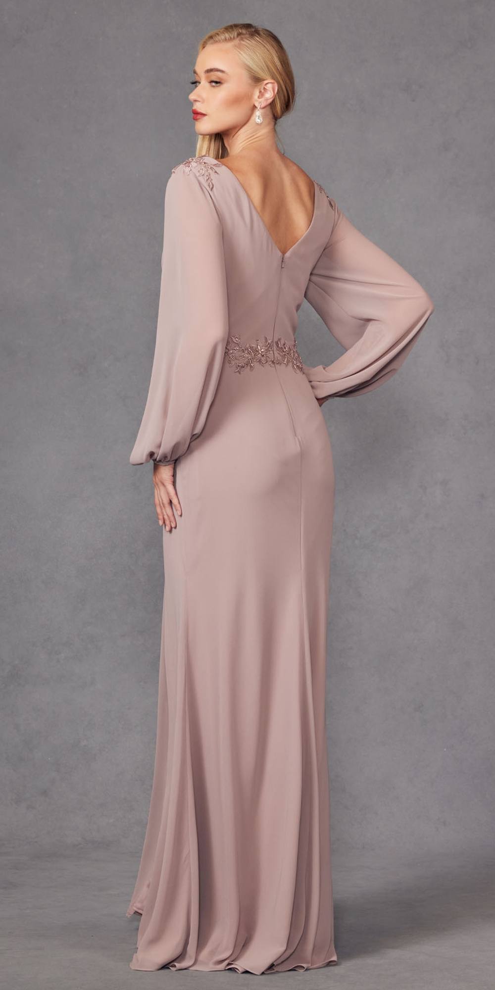 Juliet JTM16A Long Sleeve V-Neck Embroidered Applique Evening Gown by DiscountDressShop