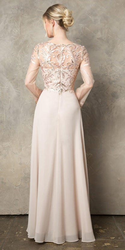 CLEARANCE - Juno 960 Long A-Line Mother of the Bride Chiffon Long Sleeve Dress (Size XL) by DiscountDressShop
