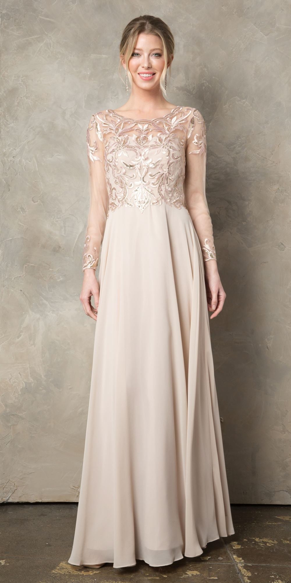 CLEARANCE - Juno 960 Long A-Line Mother of the Bride Chiffon Long Sleeve Dress (Size XL) by DiscountDressShop