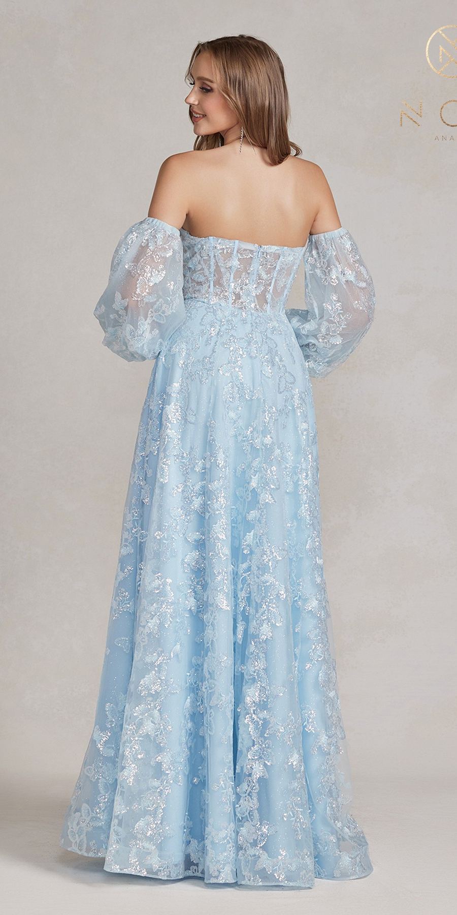 Nox Anabel K1155 Floor Length Butterfly Puff Sleeve Gown by DiscountDressShop