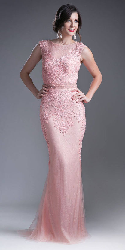 CLEARANCE - Cinderella Divine KC1736 Fitted Peach Long Lace Dress Cap Sleeved (Size 6) by DiscountDressShop