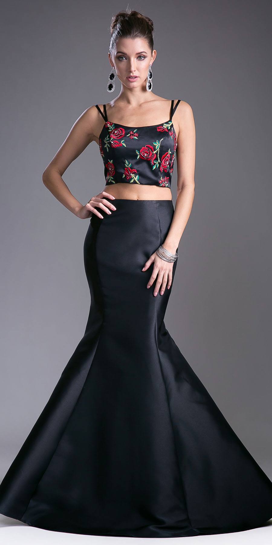 Cinderella Divine KC1737 Two-Piece Gown Embroidered Crop Top by DiscountDressShop