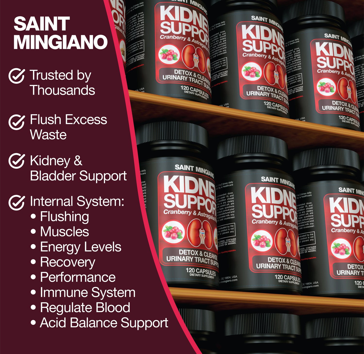 Kidney Support Cleanse Detox &amp; Repair -120 Capsules - Cranberry &amp; Astragalus Root Pills by Saint Mingiano - Supplements &amp; Wellness Dedicated to Holistic Health