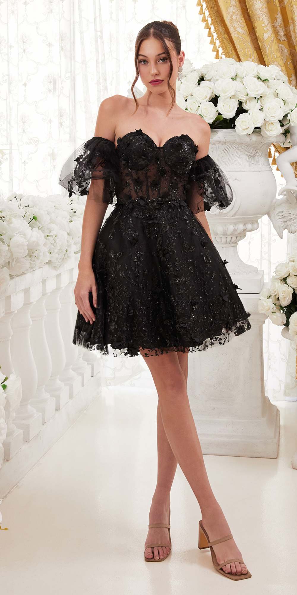 Ladivine KV1089 Short Floral Strapless A-Line Dress with Puff Sleeves by DiscountDressShop
