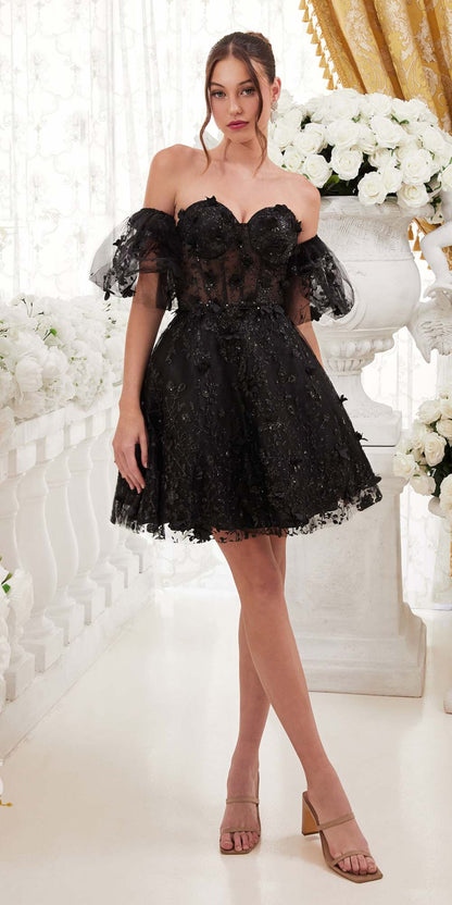 Ladivine KV1089 Short Floral Strapless A-Line Dress with Puff Sleeves by DiscountDressShop