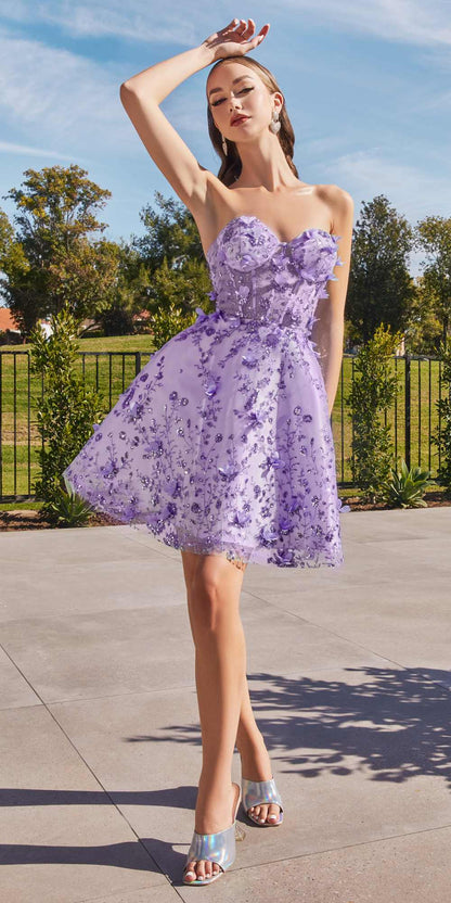 Ladivine KV1089 Short Floral Strapless A-Line Dress with Puff Sleeves by DiscountDressShop