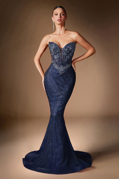 Ladivine KV1129 Strapless Sweetheart Neck Crystal Linear Beading Gown by DiscountDressShop