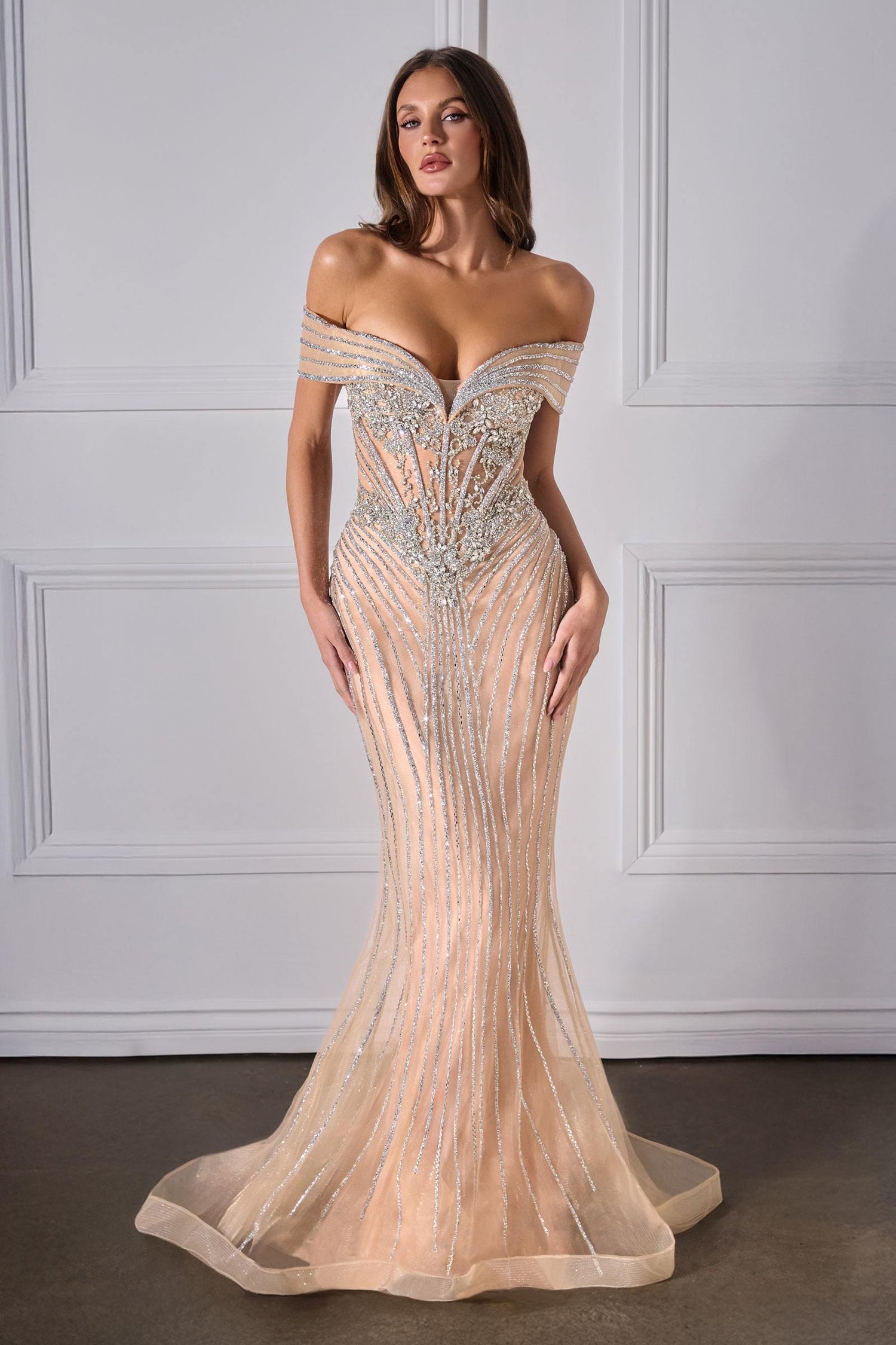 Ladivine KV1130 Mermaid Gown Off Shoulder Crystal Embellished Tulle by DiscountDressShop