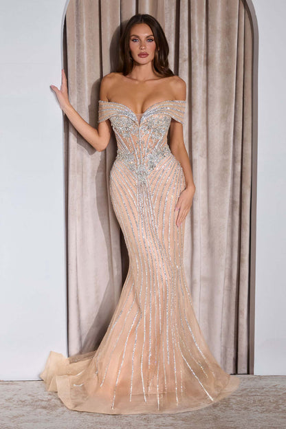 Ladivine KV1130 Mermaid Gown Off Shoulder Crystal Embellished Tulle by DiscountDressShop