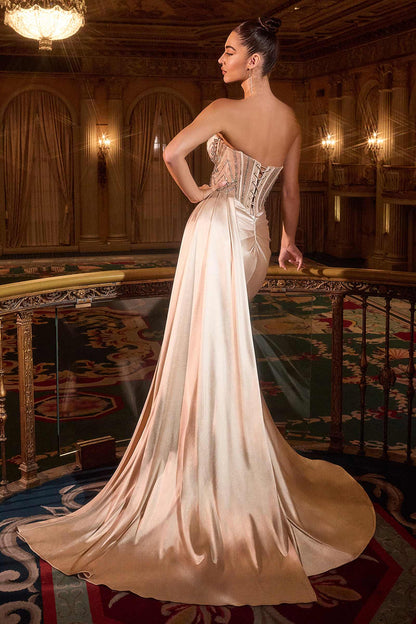Ladivine KV1131 Strapless Satin Fitted Gown Side Sash by DiscountDressShop