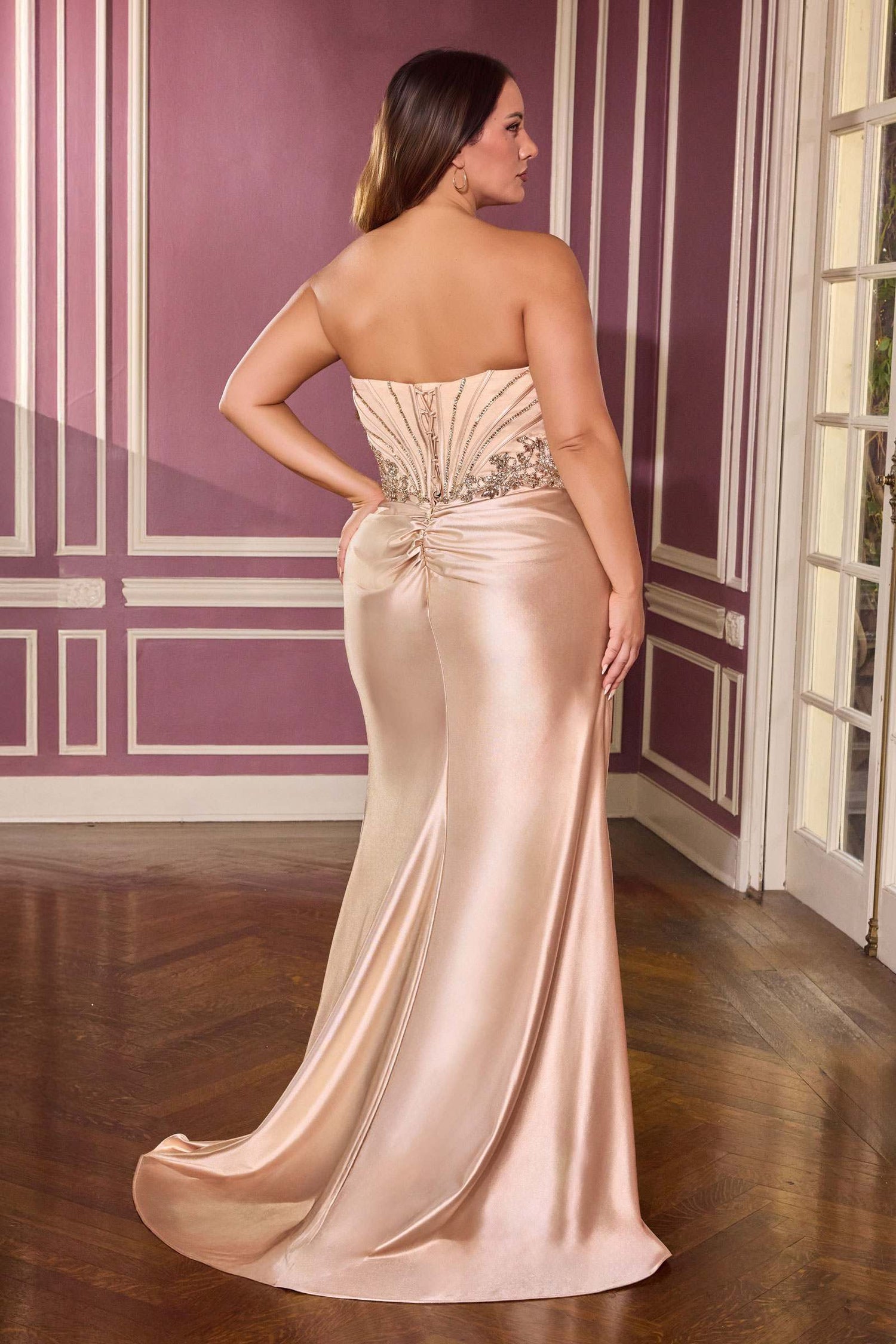 Ladivine KV1136C Strapless Sweetheart Draped Satin Fitted Plus Size Gown by DiscountDressShop