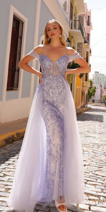 Nox Anabel L1362 Long Cold Shoulder Applique Tulle Overskirt Gown by DiscountDressShop