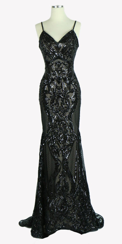 CLEARANCE - Aspeed L1982 Long Sequins Navy Blue Evening Gown V-Neck (Size XS) by DiscountDressShop