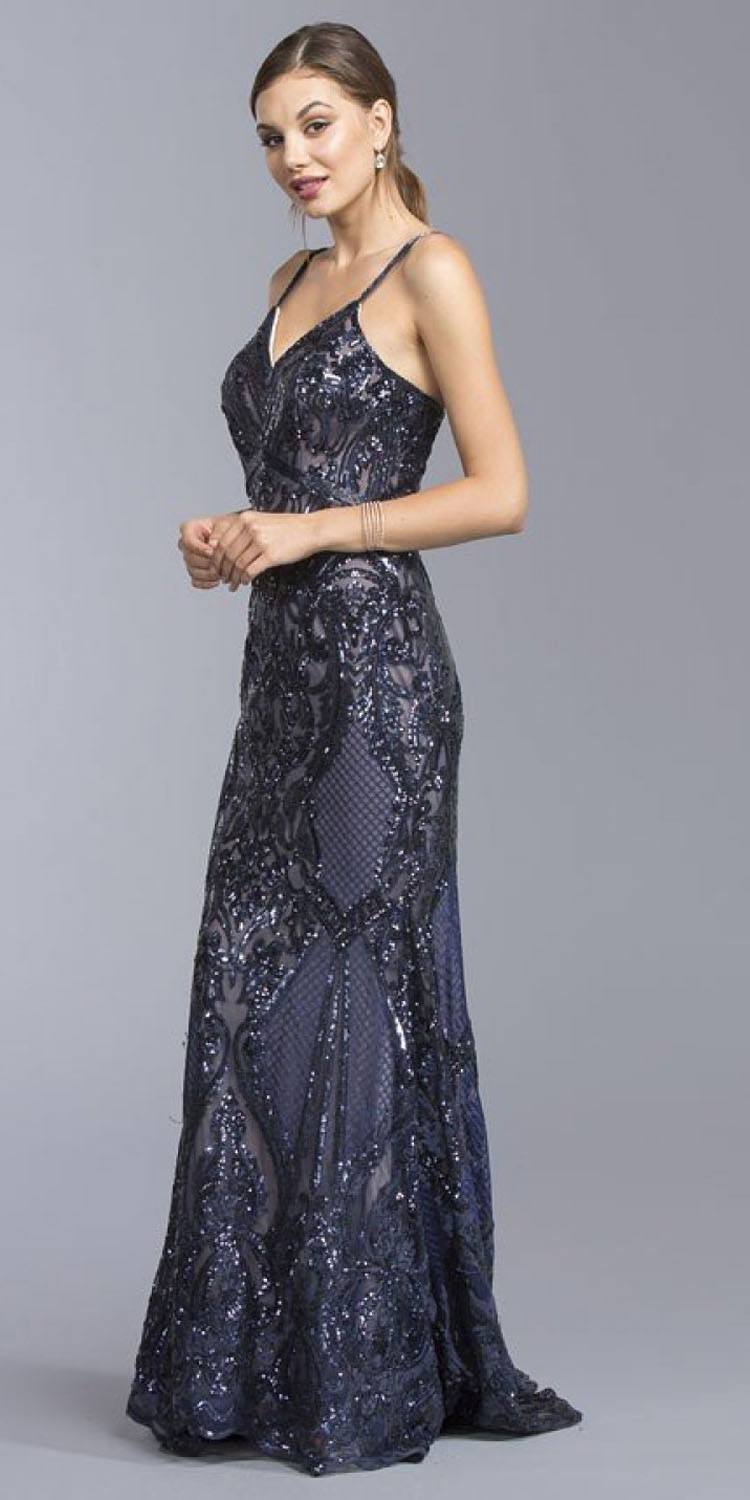 CLEARANCE - Aspeed L1982 Long Sequins Navy Blue Evening Gown V-Neck (Size XS) by DiscountDressShop