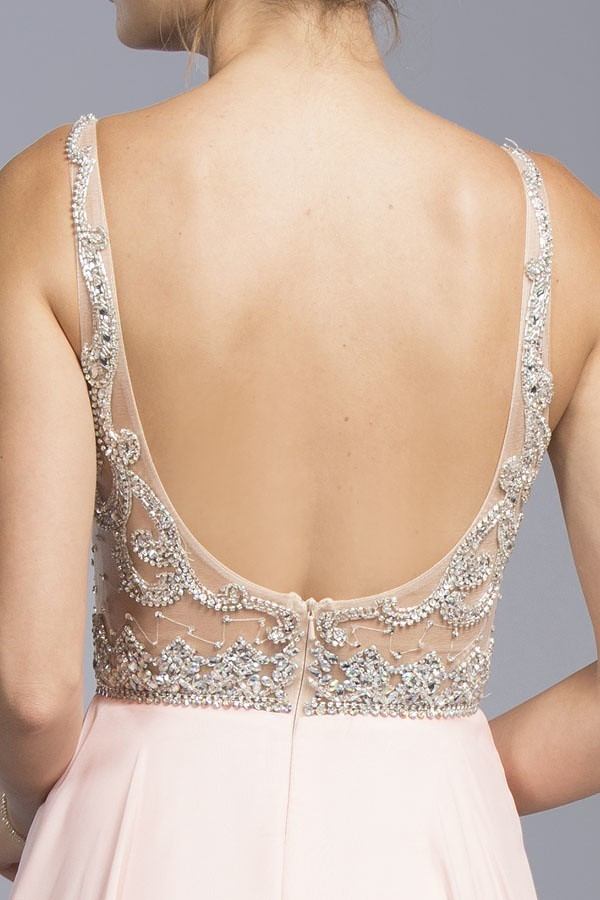 CLEARANCE - Aspeed USA 2055 Illusion Bodice Beaded Long Dress V-Neck (Size XXS) by DiscountDressShop
