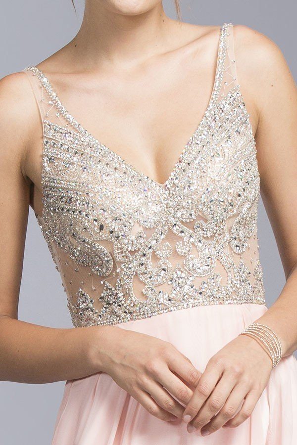 CLEARANCE - Aspeed USA 2055 Illusion Bodice Beaded Long Dress V-Neck (Size XXS) by DiscountDressShop