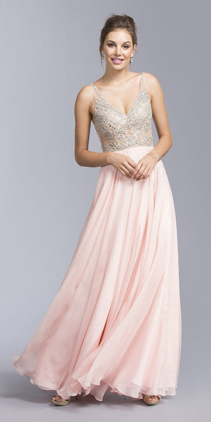 CLEARANCE - Aspeed USA 2055 Illusion Bodice Beaded Long Dress V-Neck (Size XXS) by DiscountDressShop