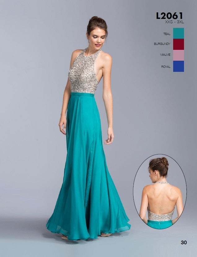 CLEARANCE - Aspeed L2061 A-line Long Formal Dress Halter Open-Back (Size XXS) by DiscountDressShop