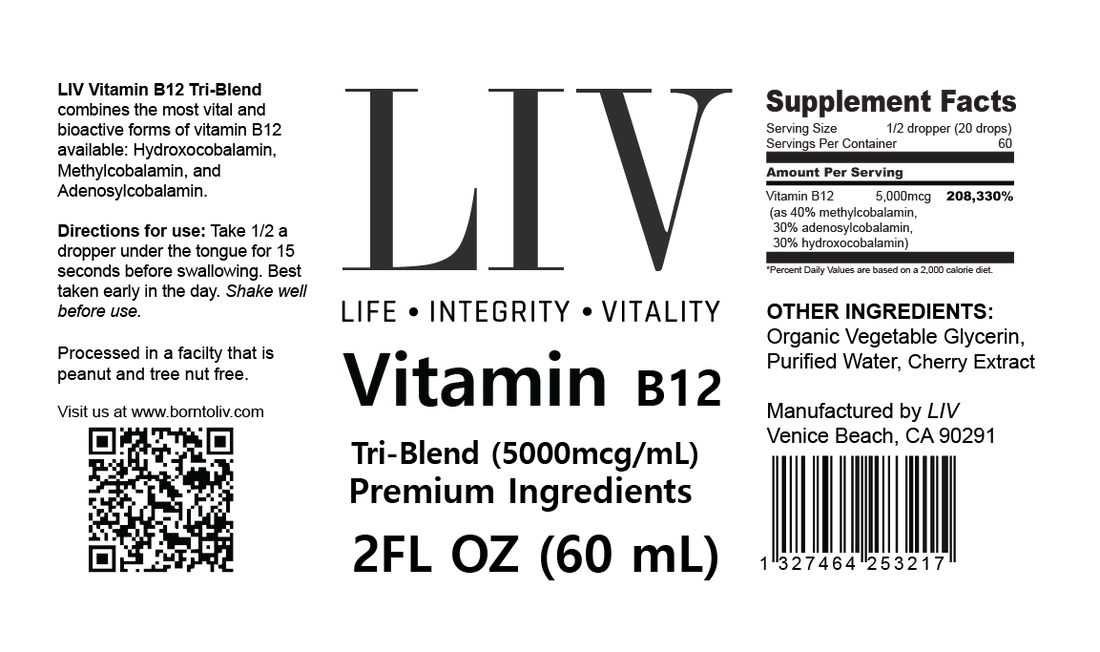 Vitamin B12 Tri-Blend Liquid Energy Booster (5000mcg, 60 servings) by LIV