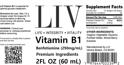 Vitamin B1 Thiamine Liquid Metabolic Booster (Benfotiamine 250mg, 60 servings) by LIV