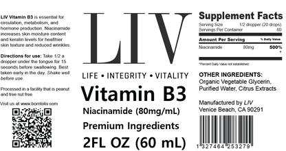 Vitamin B3 Niacin Liquid (Niacinamide 80mg, 60 servings) by LIV