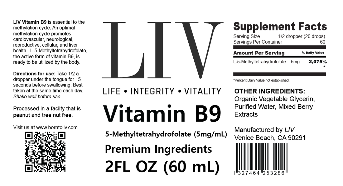 Vitamin B9 Folic Acid Liquid (5-MTHF 5,000mcg, 60 servings) by LIV