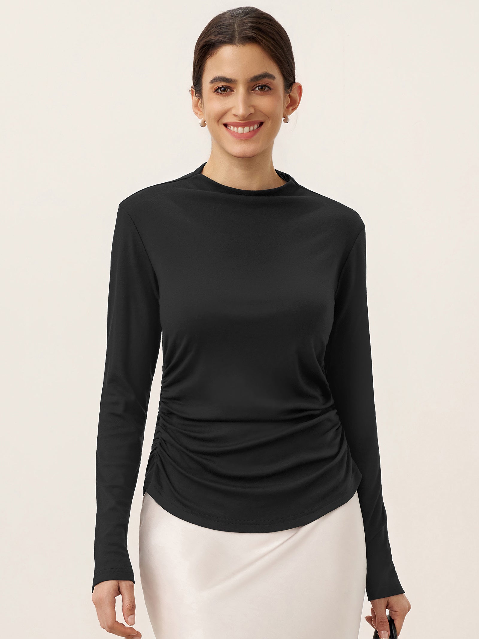 Wool Mock Neck Waist Pleat Top ISOLDE by LINTICO