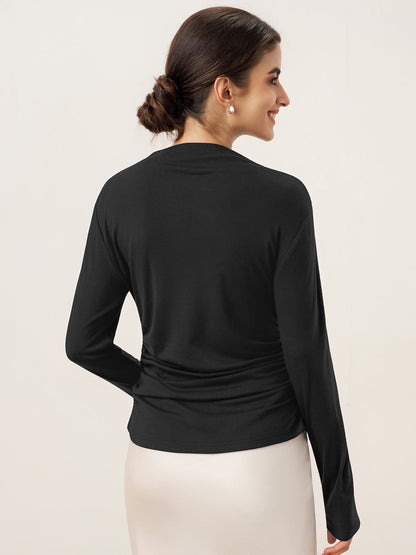 Wool Mock Neck Waist Pleat Top ISOLDE by LINTICO