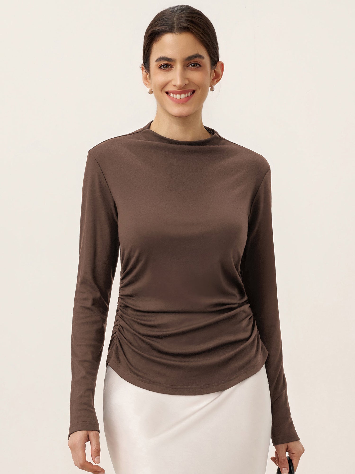 Wool Mock Neck Waist Pleat Top ISOLDE by LINTICO