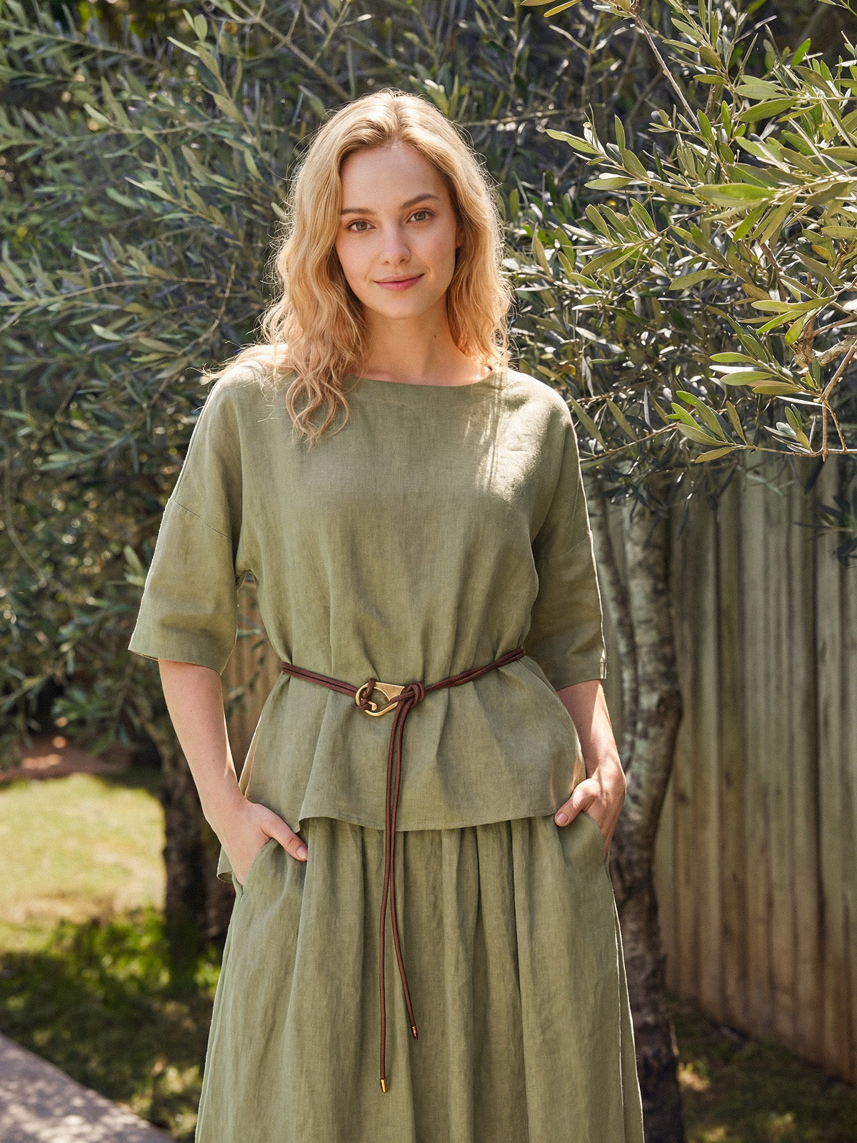 100% Linen Drop Shoulder Shirred Back High-Low Hem Top LINDSEY by LINTICO