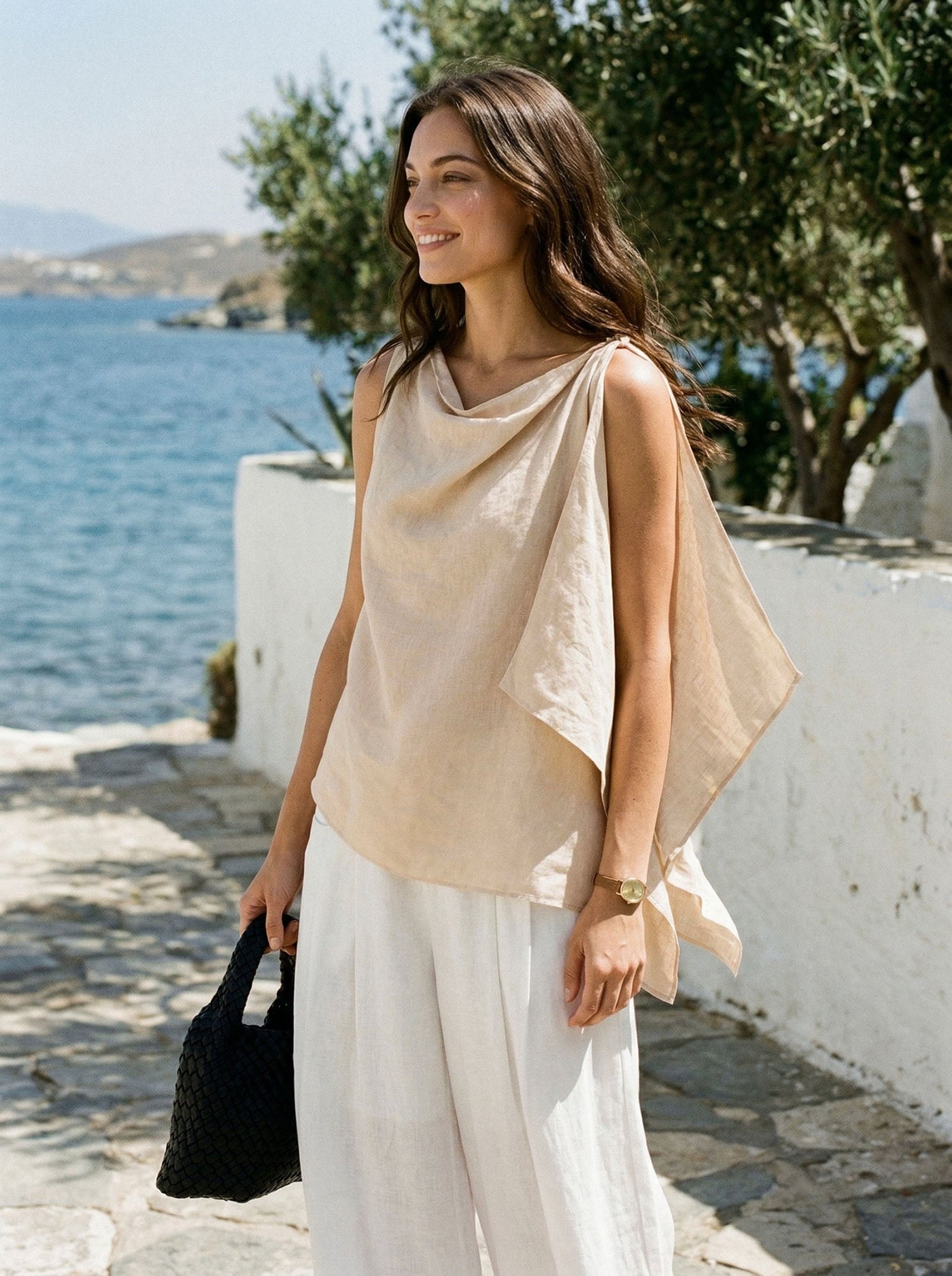 100% Linen Cowl-Neck Asymmetric Top LEVINA by LINTICO
