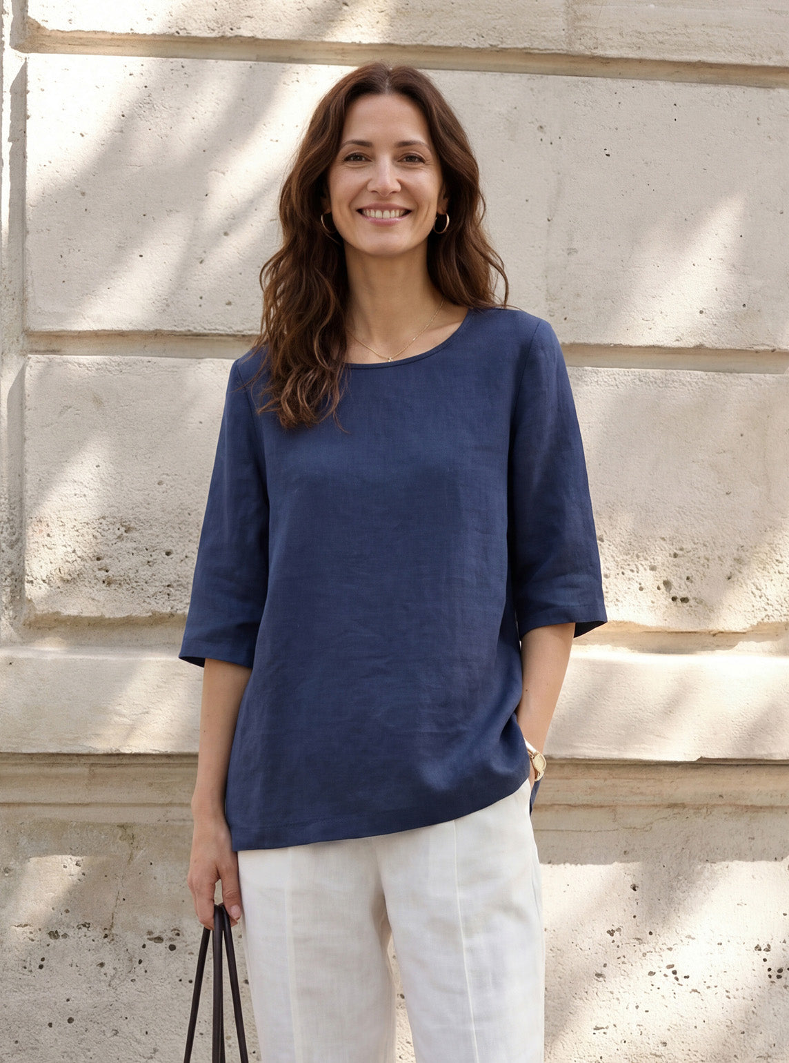 100% Linen Relaxed Back Button Top with Tab Sleeves SYLVANA by LINTICO