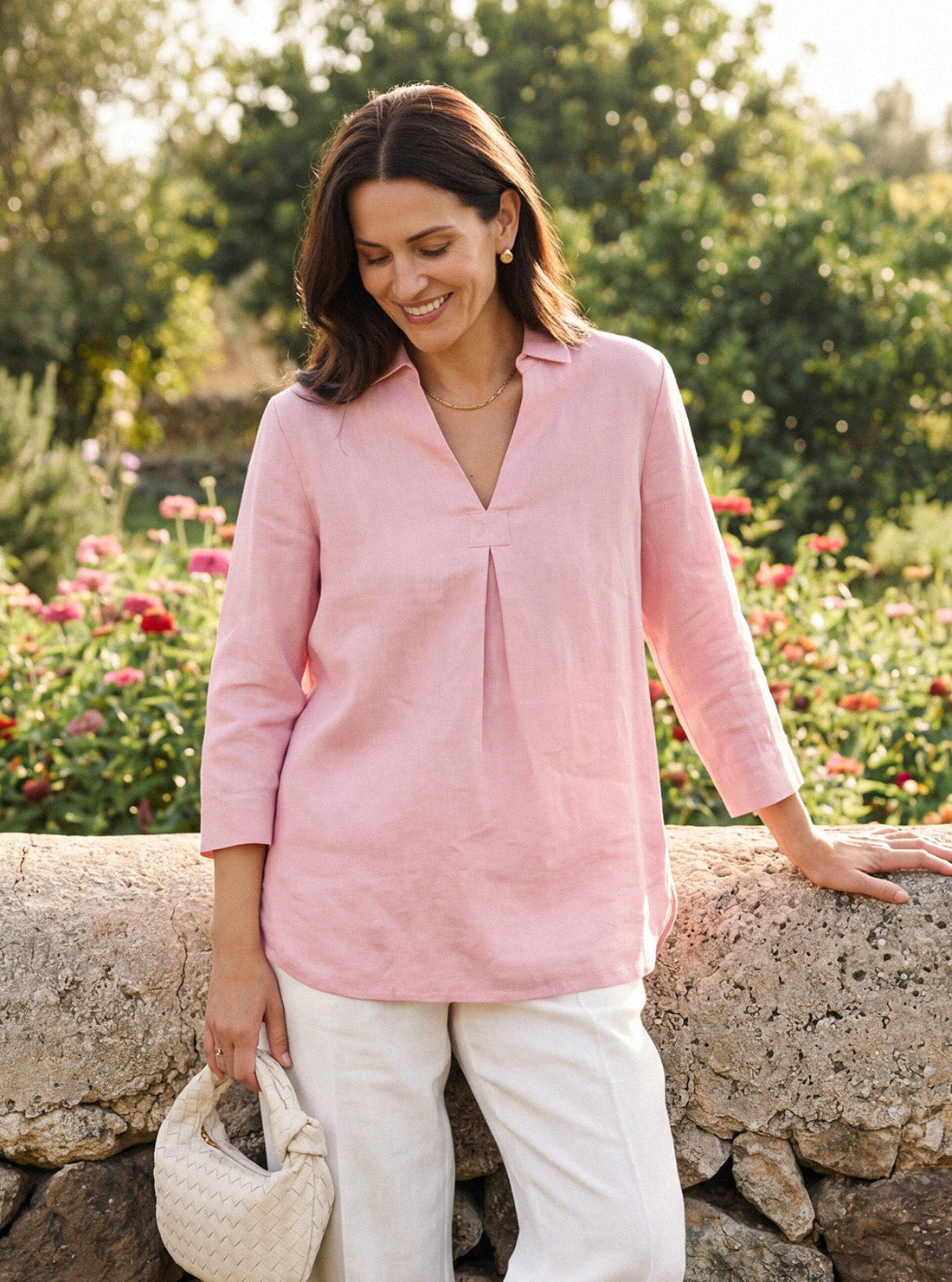 100% Linen Layered Lapel V-neck Sculpted Front Pleat Longline Top ODALYS by LINTICO