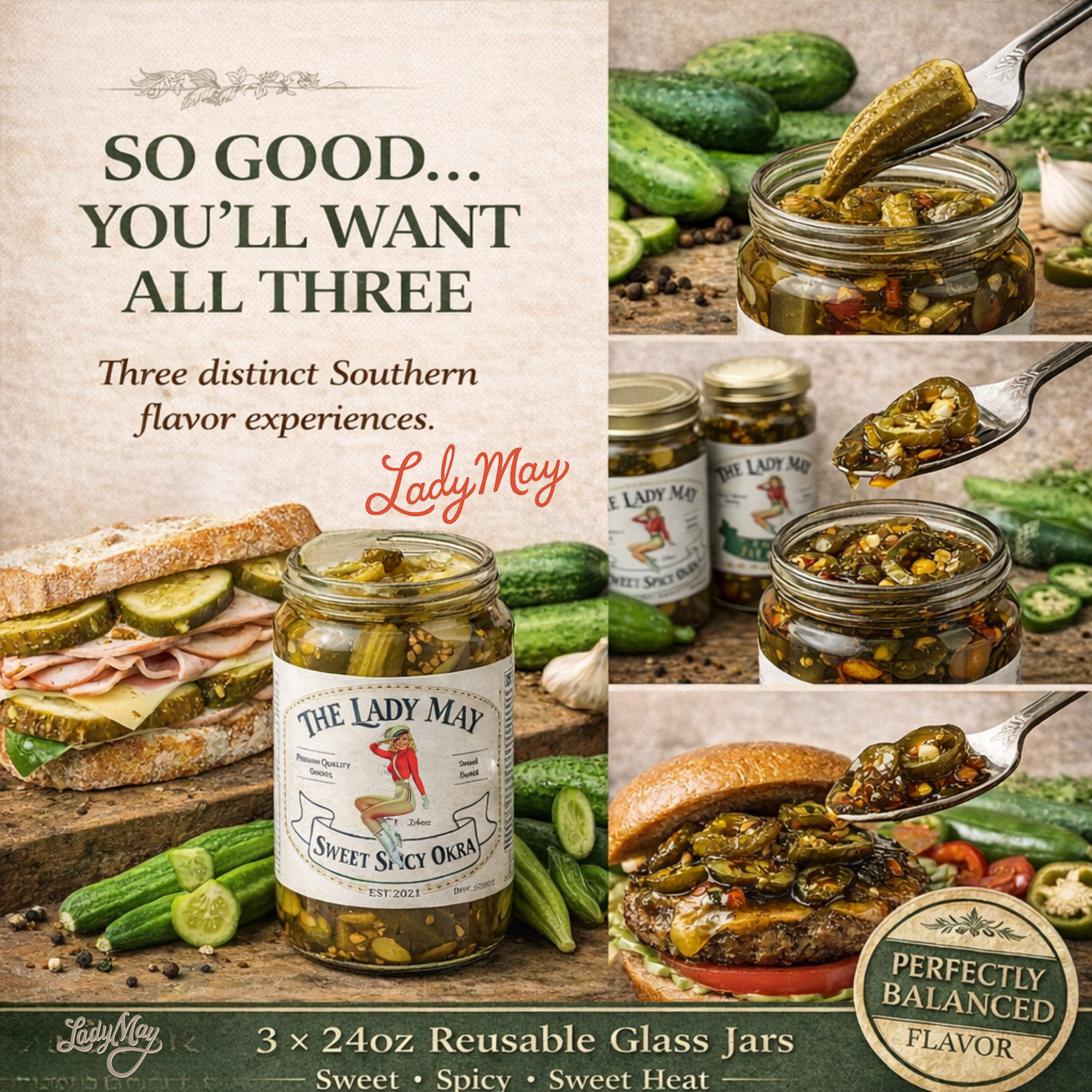 Lady May Pickle Trio Gift Set – 3 Pack Bundle (24oz Jars) – Bread &amp; Butter Sweet Pickles, Sweet &amp; Spicy Pickled Okra, Candied Jalapeños – Small Batch Southern Style – Restaurant Made Gourmet Pickles by The Lady May
