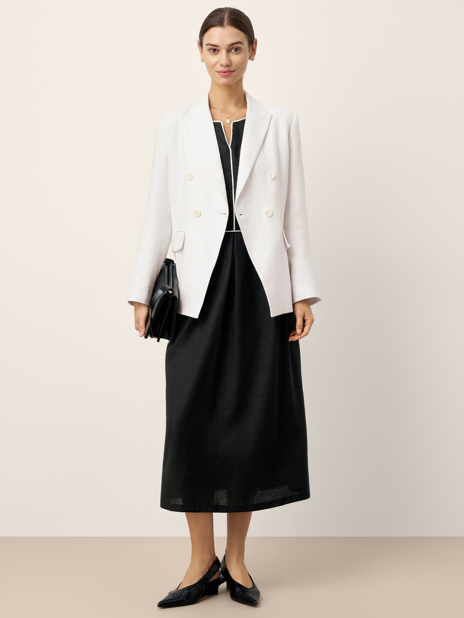 Linen-Lyocell Contrast Trim Gathered Midi Dress NYX by LINTICO