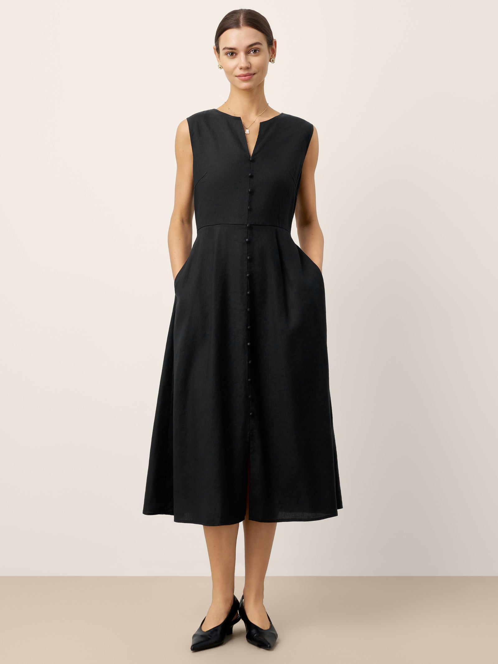 Linen-Lyocell V-Neck Sleeveless Midi Dress WILLOW by LINTICO