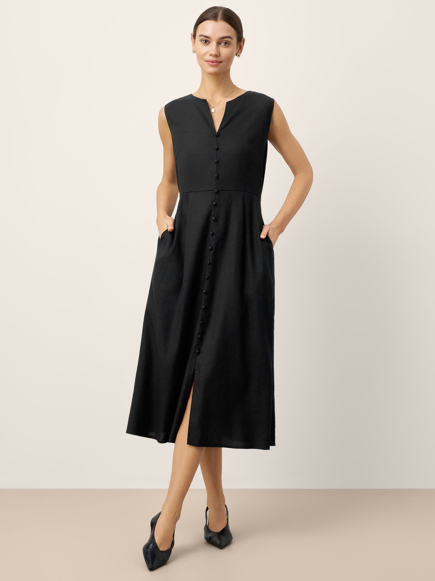 Linen-Lyocell V-Neck Sleeveless Midi Dress WILLOW by LINTICO