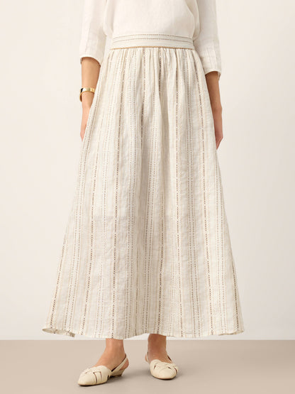 Linen Striped Contrast Trim A-Line Bohemian Skirt with Lining ISMERIE by LINTICO