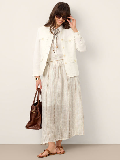 Linen Striped Contrast Trim A-Line Bohemian Skirt with Lining ISMERIE by LINTICO