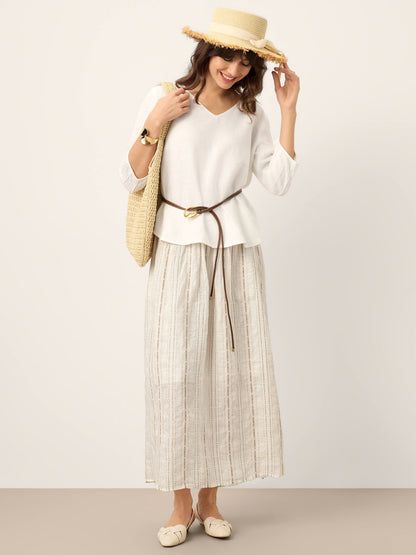 Linen Striped Contrast Trim A-Line Bohemian Skirt with Lining ISMERIE by LINTICO