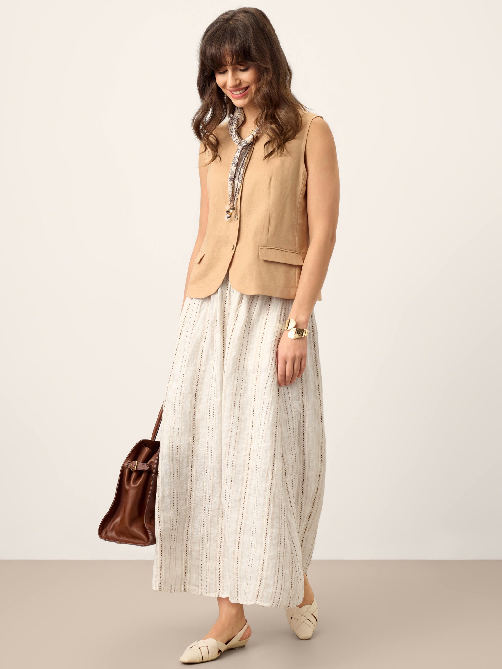 Linen Striped Contrast Trim A-Line Bohemian Skirt with Lining ISMERIE by LINTICO