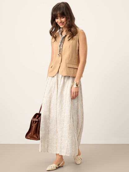 Linen Striped Contrast Trim A-Line Bohemian Skirt with Lining ISMERIE by LINTICO