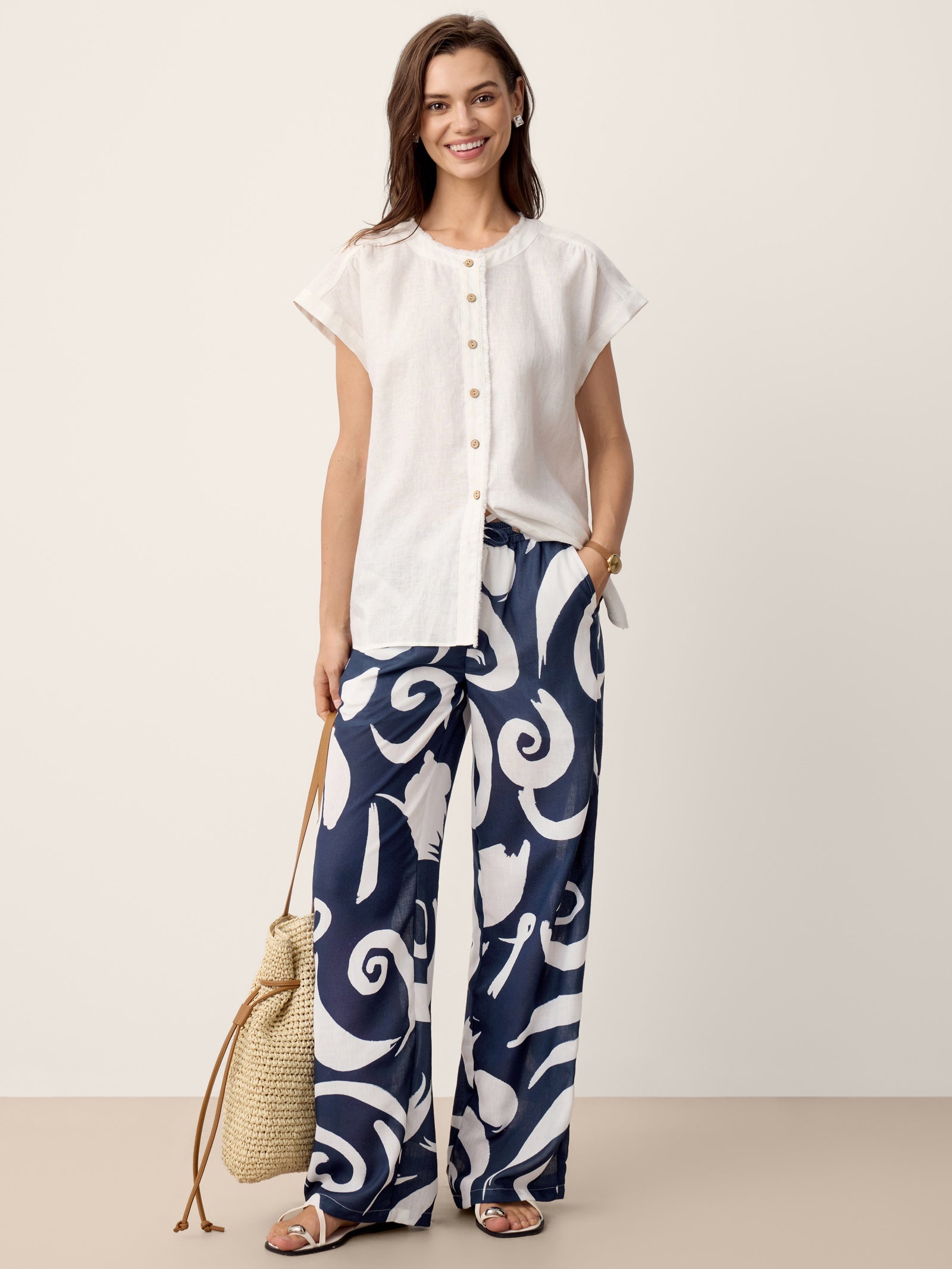 Linen Abstract-Print Straight-Leg Pants ORLA by LINTICO