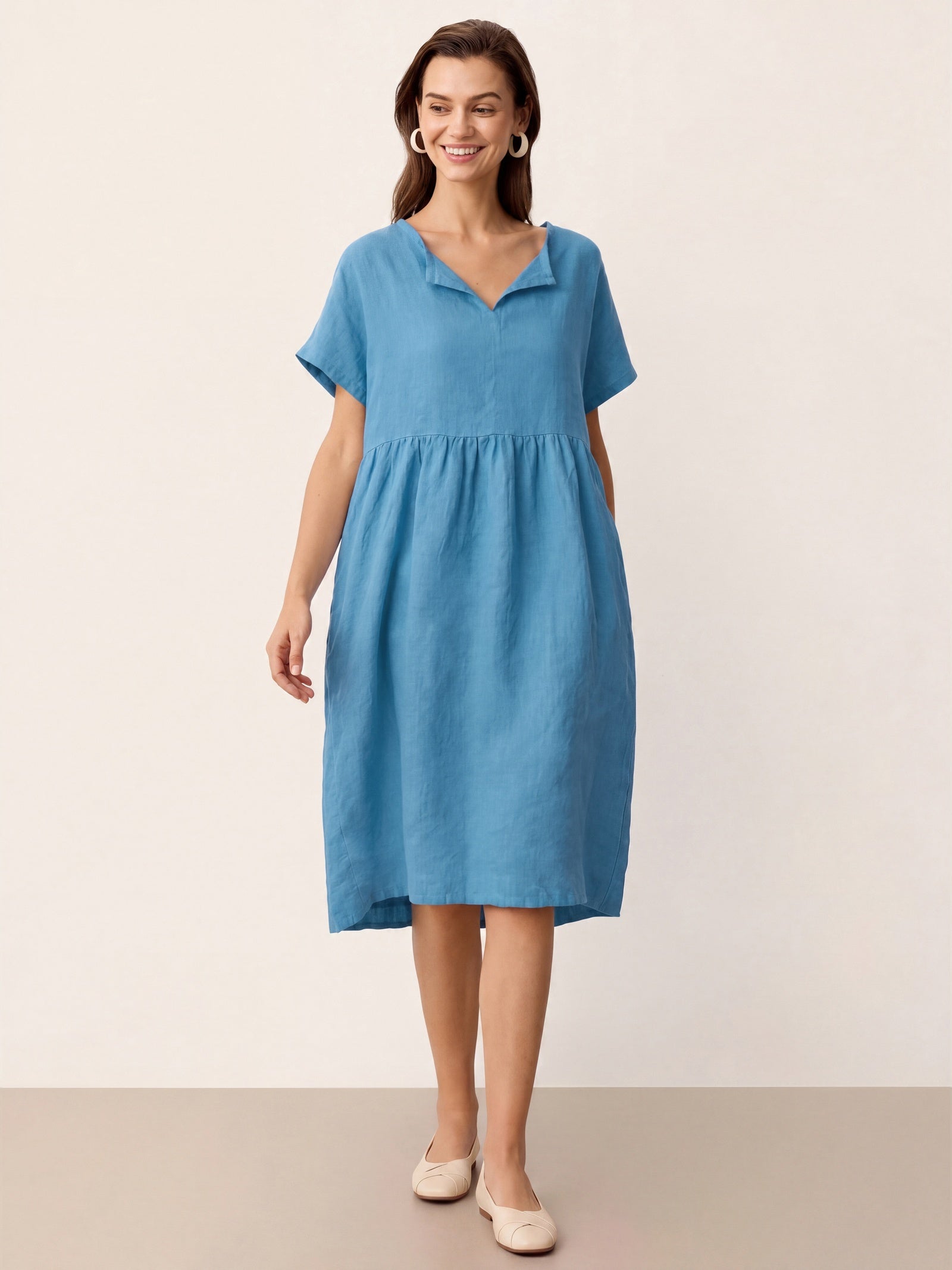 Linen Gathered-Hem Split-Neck Mini Dress SYDNEY by LINTICO
